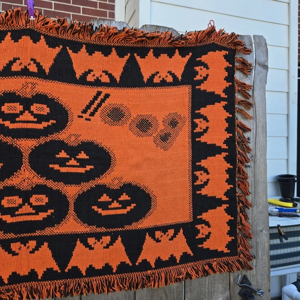 Vtg 1996 Windham Trading Pumpkin Halloween Tapestry Rug Throw Decor 30 X 48